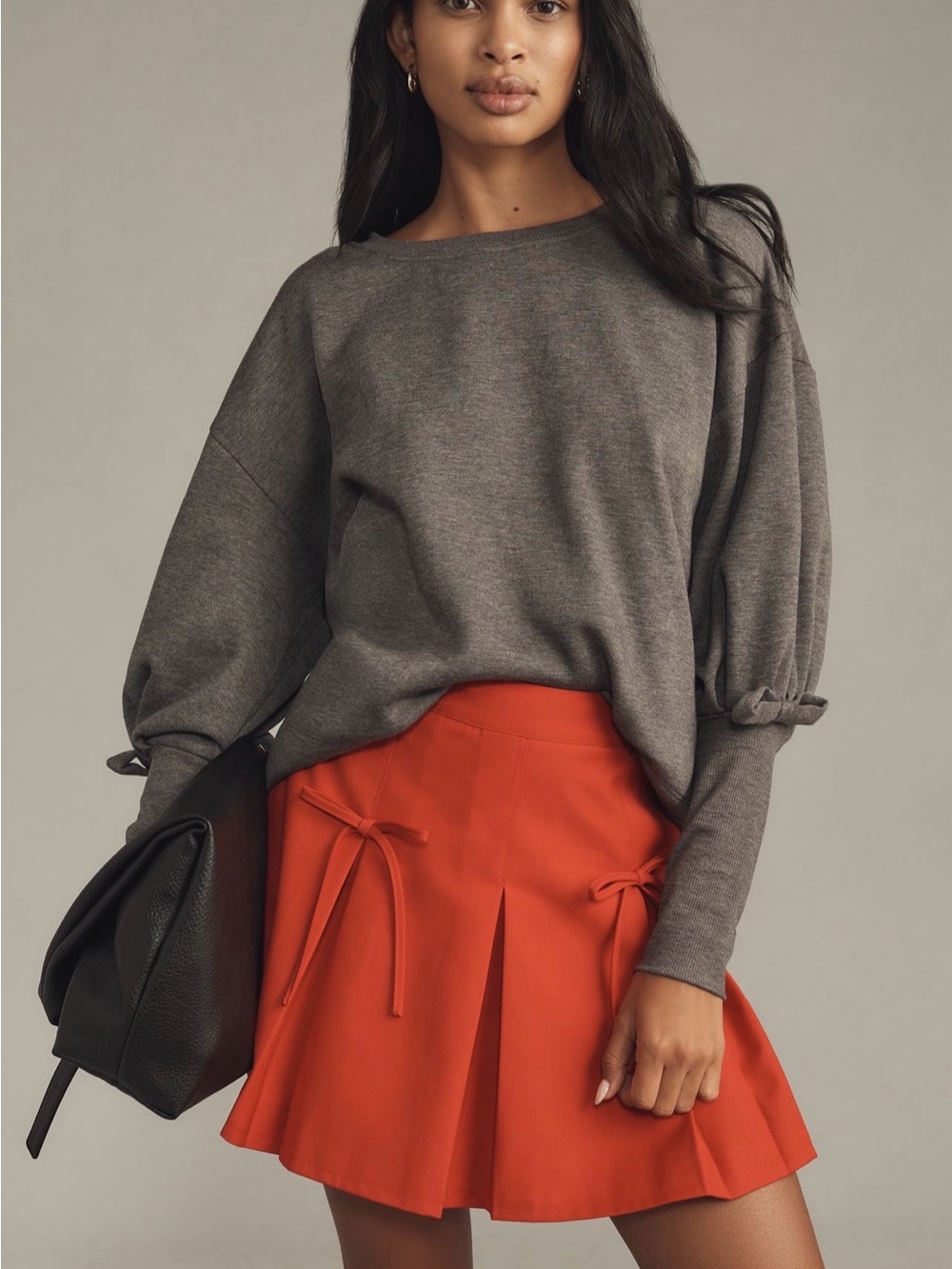 Maeve Gray Crewneck Pullover with Subtle Puff Sleeves